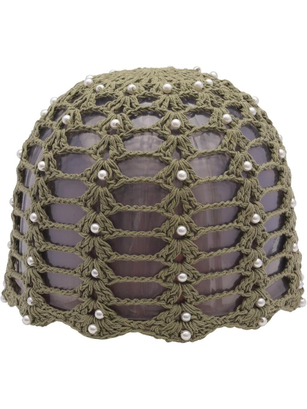 Women's Beaded Army Green Cotton Crochet Skull Handmade Knit Cutout Beanie Hats